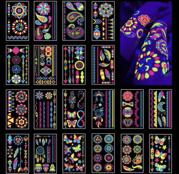 A collection of neon tattoos with various designs.